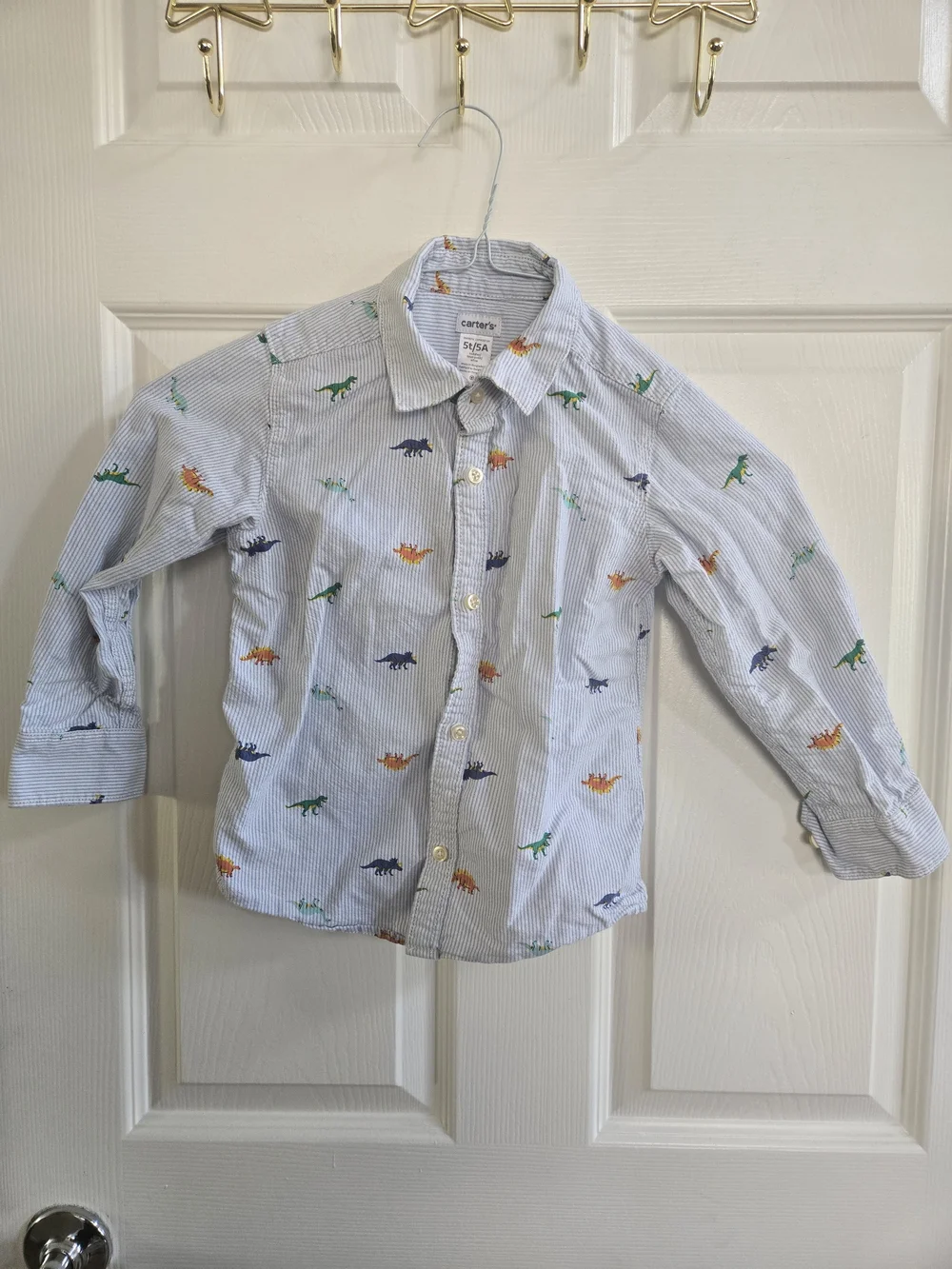 Carter's Light Blue Pinstripe Button-Down with Colorful Dinosaurs